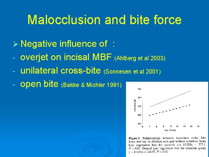 Malocclusion and bite force Ø Negative influence of : overjet on incisal MBF (Ahlberg
