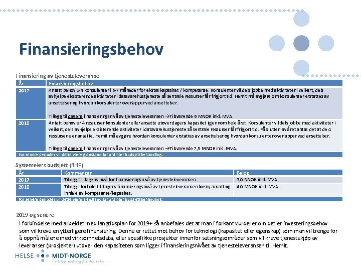 Finansieringsbehov Finansiering av tjenesteleveranse År 2017 Finansieringsbehov Antatt behov 3 -4 konsulenter i 6