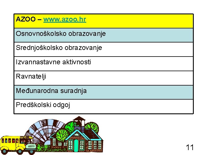 AZOO – www. azoo. hr Osnovnoškolsko obrazovanje Srednjoškolsko obrazovanje Izvannastavne aktivnosti Ravnatelji Međunarodna suradnja