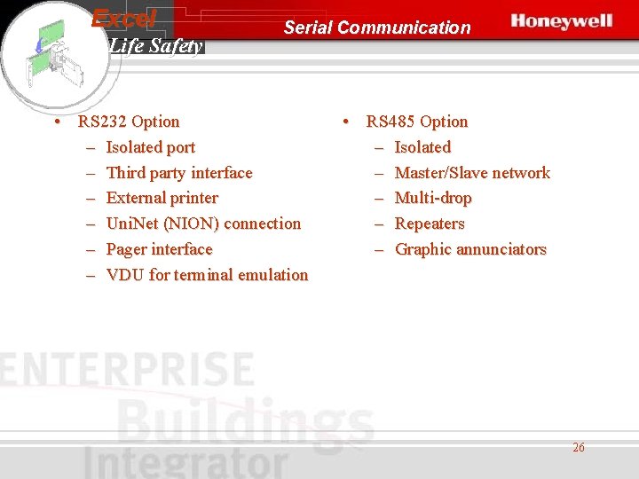 Excel Life Safety Serial Communication • RS 232 Option – Isolated port – Third