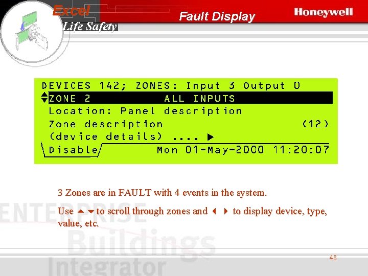 Excel Life Safety Fault Display 3 Zones are in FAULT with 4 events in