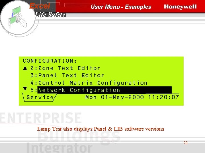 Excel User Menu - Examples Life Safety Lamp Test also displays Panel & LIB