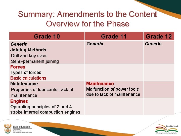 Summary: Amendments to the Content Overview for the Phase Grade 10 Generic Joining Methods
