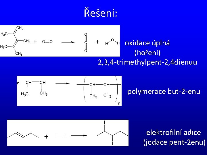 Řešení: oxidace úplná (hoření) 2, 3, 4 -trimethylpent-2, 4 dienuu polymerace but-2 -enu elektrofilní