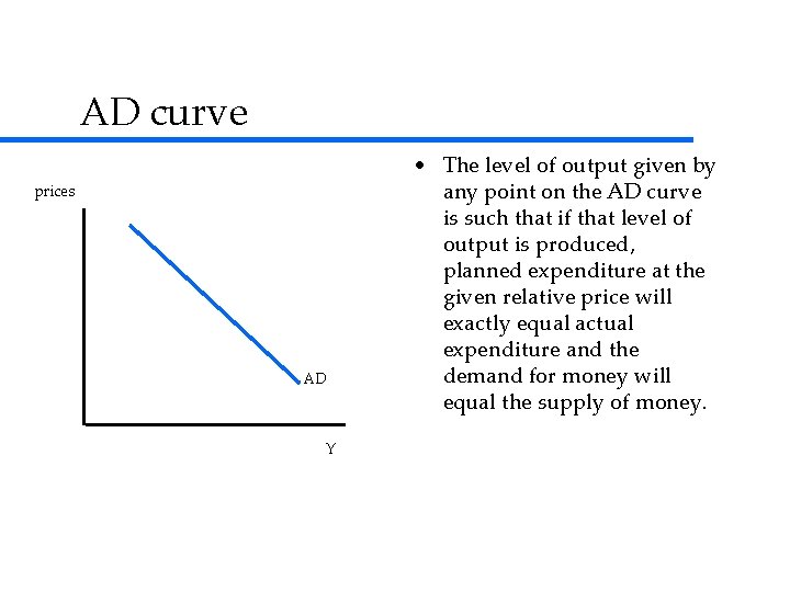 AD curve prices AD Y • The level of output given by any point