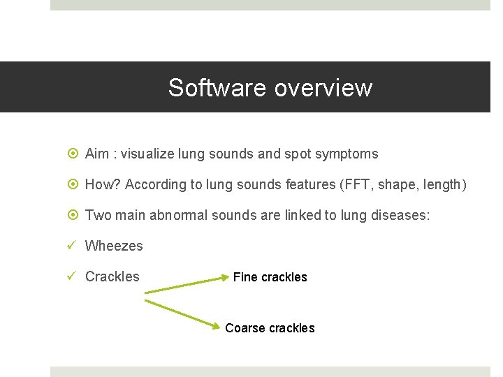 Software overview Aim : visualize lung sounds and spot symptoms How? According to lung