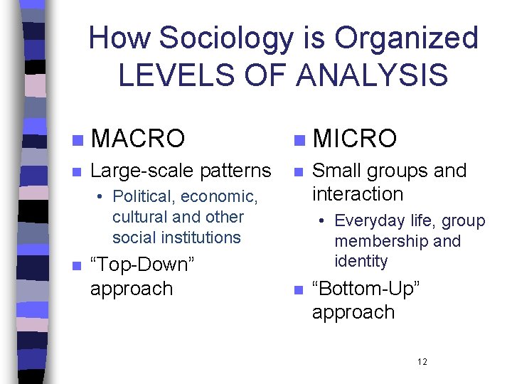 How Sociology is Organized LEVELS OF ANALYSIS n MACRO n MICRO n Large-scale patterns How Sociology is Organized LEVELS OF ANALYSIS n MACRO n MICRO n Large-scale patterns