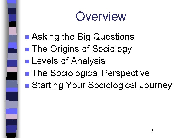 Overview Asking the Big Questions n The Origins of Sociology n Levels of Analysis Overview Asking the Big Questions n The Origins of Sociology n Levels of Analysis