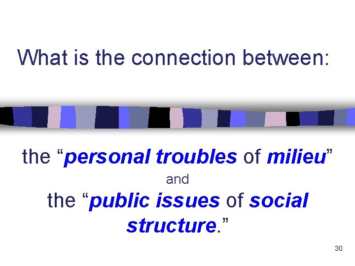 What is the connection between: the “personal troubles of milieu” and the “public issues What is the connection between: the “personal troubles of milieu” and the “public issues