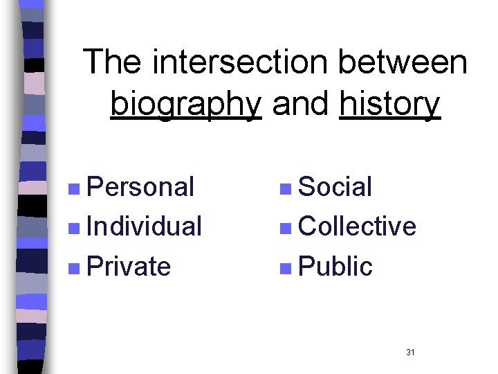 The intersection between biography and history n Personal n Social n Individual n Collective The intersection between biography and history n Personal n Social n Individual n Collective