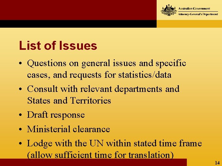 List of Issues • Questions on general issues and specific cases, and requests for