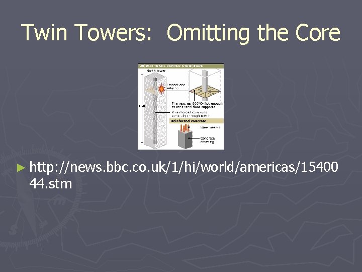 Twin Towers: Omitting the Core ► http: //news. bbc. co. uk/1/hi/world/americas/15400 44. stm 