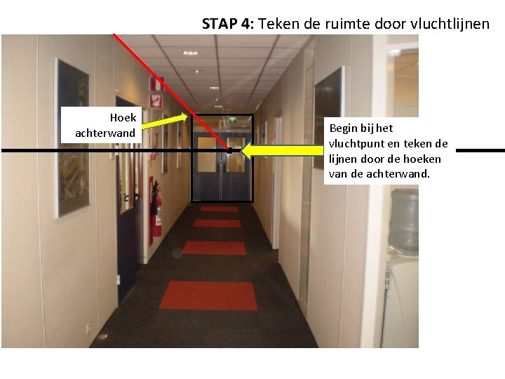 STAP 4: Teken de ruimte door vluchtlijnen Hoek achterwand Begin bij het vluchtpunt en