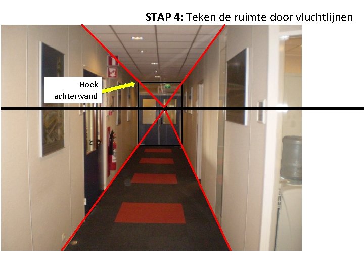 STAP 4: Teken de ruimte door vluchtlijnen Hoek achterwand 