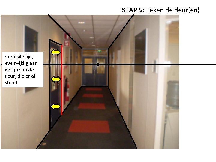 STAP 5: Teken de deur(en) Verticale lijn, evenwijdig aan de lijn van de deur,