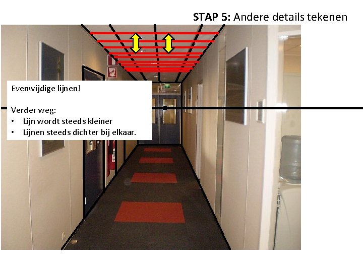 STAP 5: Andere details tekenen Evenwijdige lijnen! Verder weg: • Lijn wordt steeds kleiner