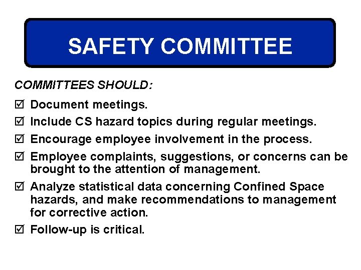 SAFETY COMMITTEES SHOULD: þ þ Document meetings. Include CS hazard topics during regular meetings.