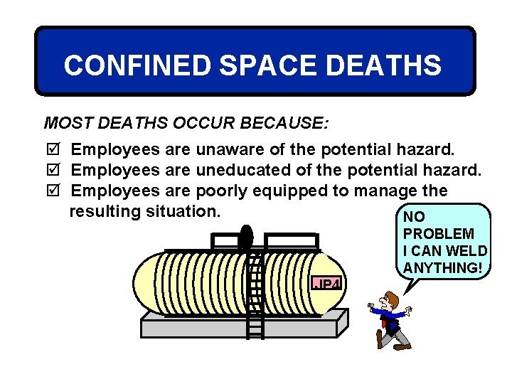 CONFINED SPACE DEATHS MOST DEATHS OCCUR BECAUSE: þ Employees are unaware of the potential