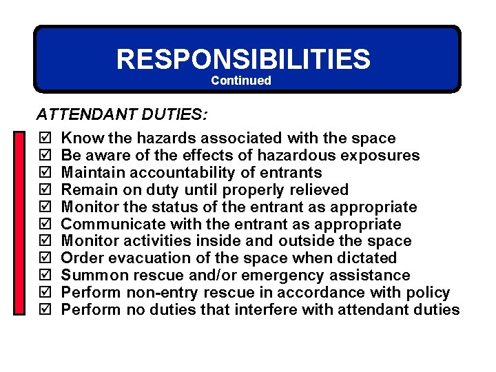 RESPONSIBILITIES Continued ATTENDANT DUTIES: þ Know the hazards associated with the space þ Be
