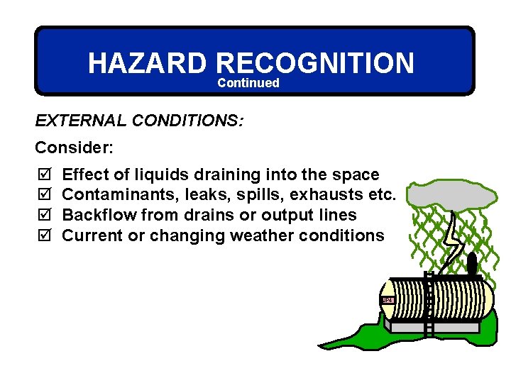 HAZARD RECOGNITION Continued EXTERNAL CONDITIONS: Consider: þ þ Effect of liquids draining into the