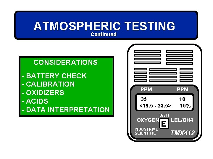 ATMOSPHERIC TESTING Continued CONSIDERATIONS - BATTERY CHECK - CALIBRATION - OXIDIZERS - ACIDS -