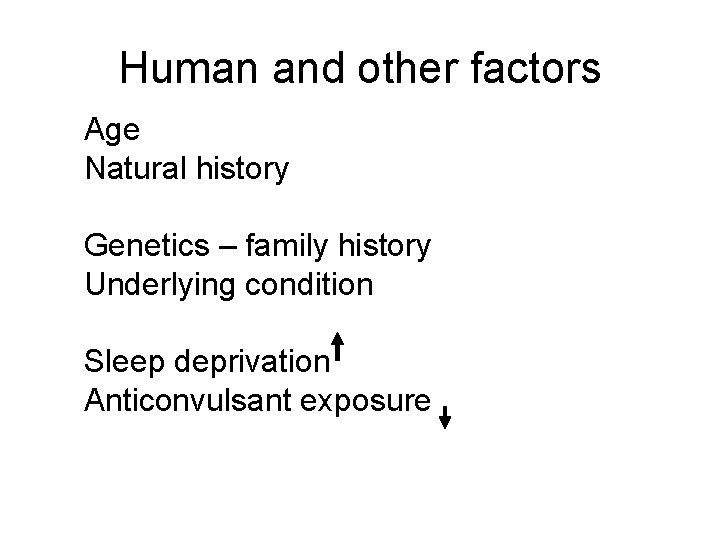 Human and other factors Age Natural history Genetics – family history Underlying condition Sleep