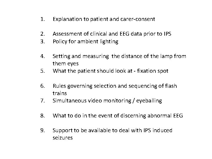 1. Explanation to patient and carer-consent 2. 3. Assessment of clinical and EEG data