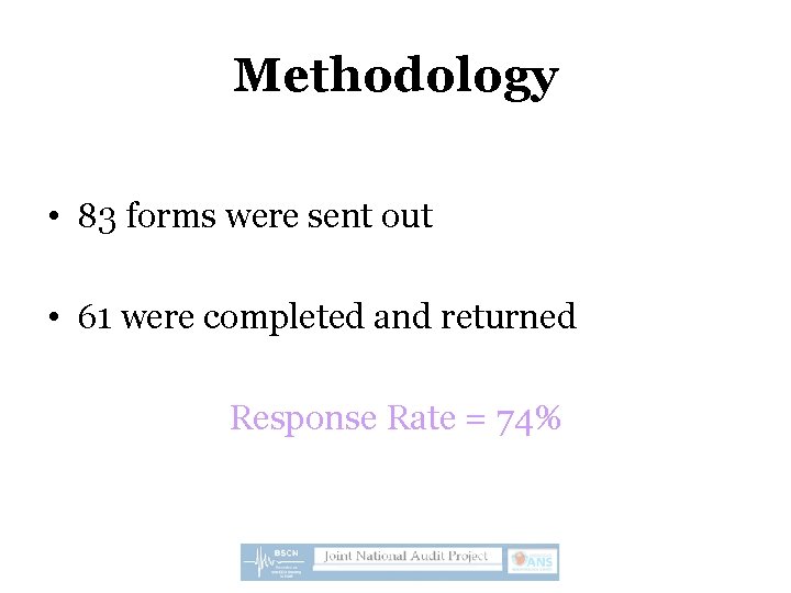 Methodology • 83 forms were sent out • 61 were completed and returned Response