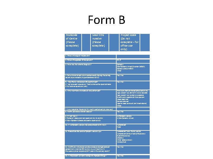 Form B Postcode of Centre (Please complete) Local EEG number (Please complete) Project code