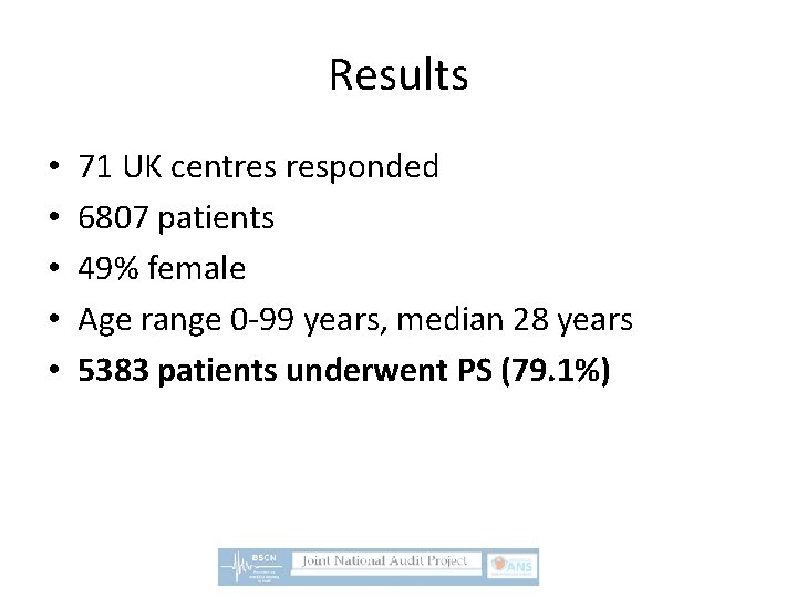 Results • • • 71 UK centres responded 6807 patients 49% female Age range