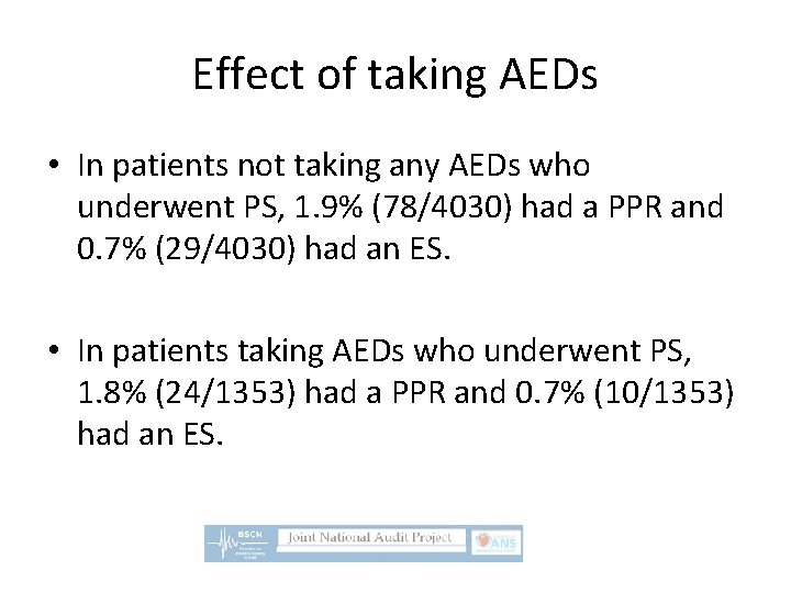 Effect of taking AEDs • In patients not taking any AEDs who underwent PS,