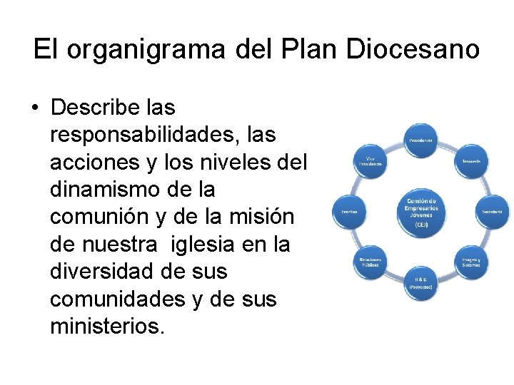 El organigrama del Plan Diocesano • Describe las responsabilidades, las acciones y los niveles