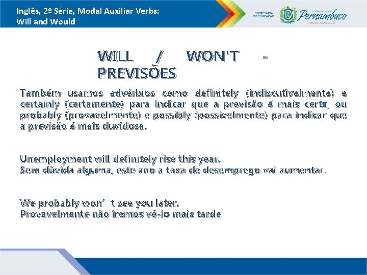 Inglês, 2º Série, Modal Auxiliar Verbs: Will and Would WILL / WON'T PREVISÕES -