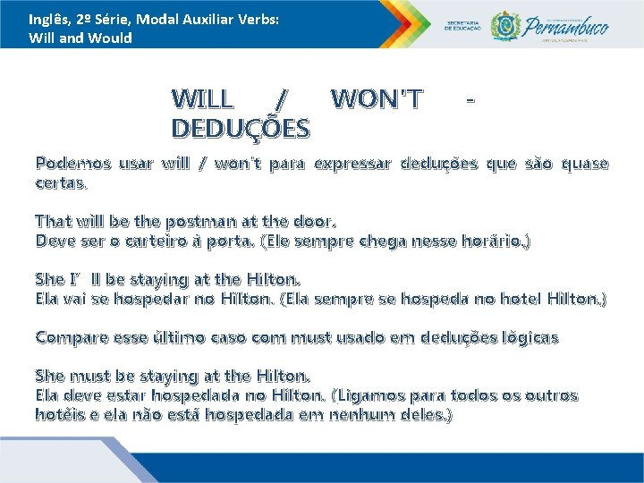 Inglês, 2º Série, Modal Auxiliar Verbs: Will and Would WILL / WON'T DEDUÇÕES -