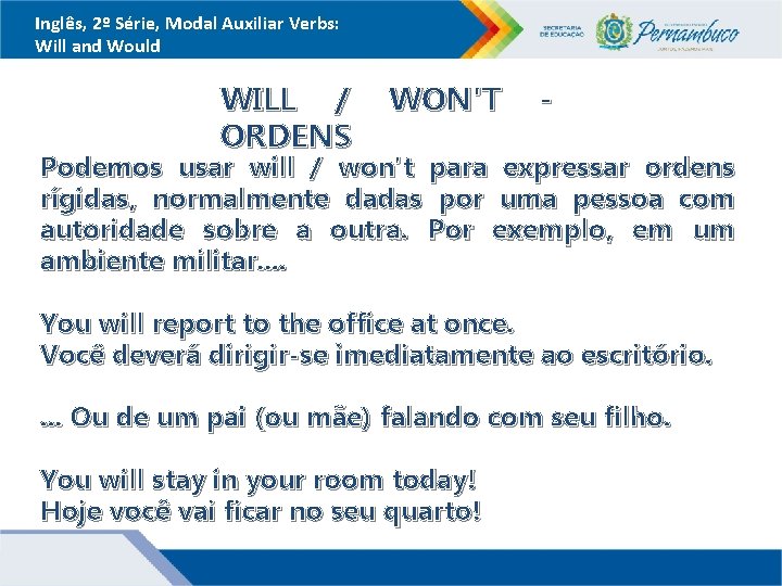 Inglês, 2º Série, Modal Auxiliar Verbs: Will and Would WILL / ORDENS WON'T -