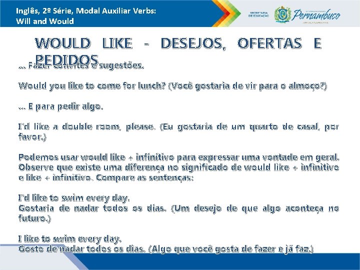 Inglês, 2º Série, Modal Auxiliar Verbs: Will and Would WOULD LIKE - DESEJOS, OFERTAS