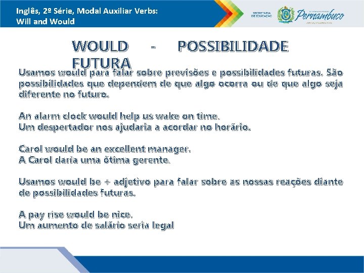 Inglês, 2º Série, Modal Auxiliar Verbs: Will and Would WOULD POSSIBILIDADE FUTURA Usamos would