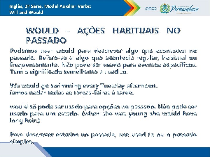 Inglês, 2º Série, Modal Auxiliar Verbs: Will and Would WOULD - AÇÕES HABITUAIS NO