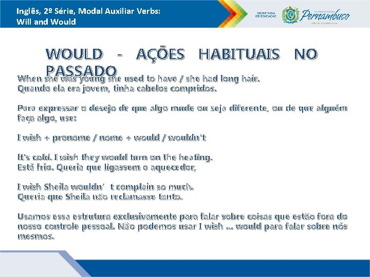 Inglês, 2º Série, Modal Auxiliar Verbs: Will and Would WOULD - AÇÕES HABITUAIS NO