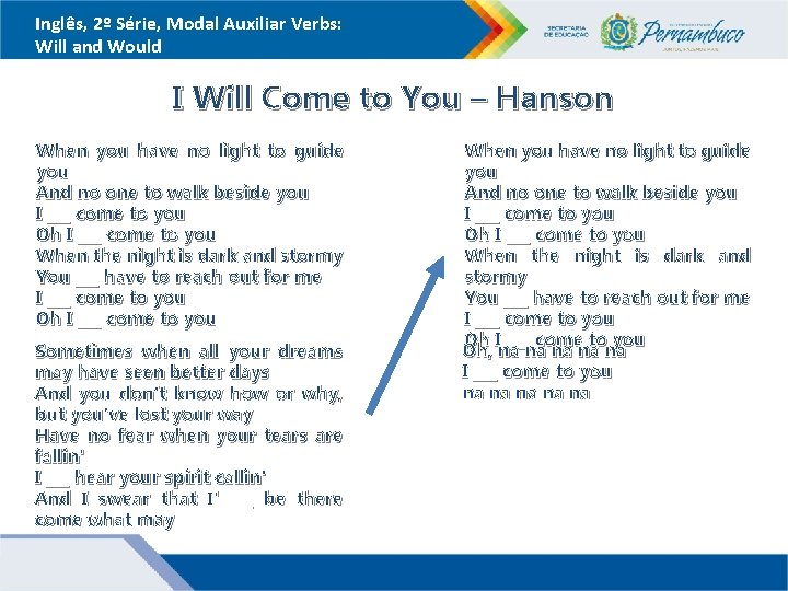 Inglês, 2º Série, Modal Auxiliar Verbs: Will and Would I Will Come to You