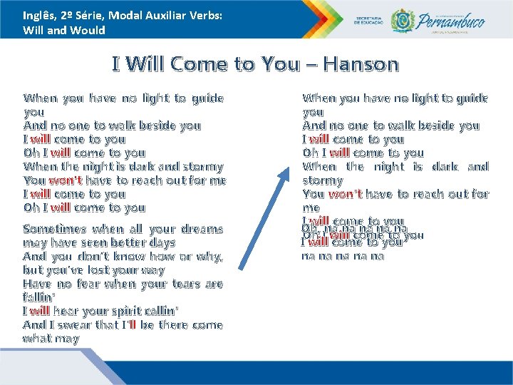 Inglês, 2º Série, Modal Auxiliar Verbs: Will and Would I Will Come to You