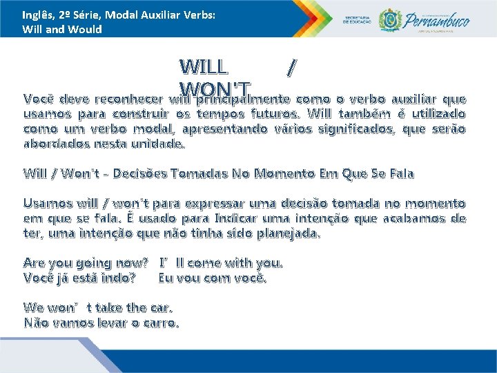 Inglês, 2º Série, Modal Auxiliar Verbs: Will and Would WILL / WON'T Você deve