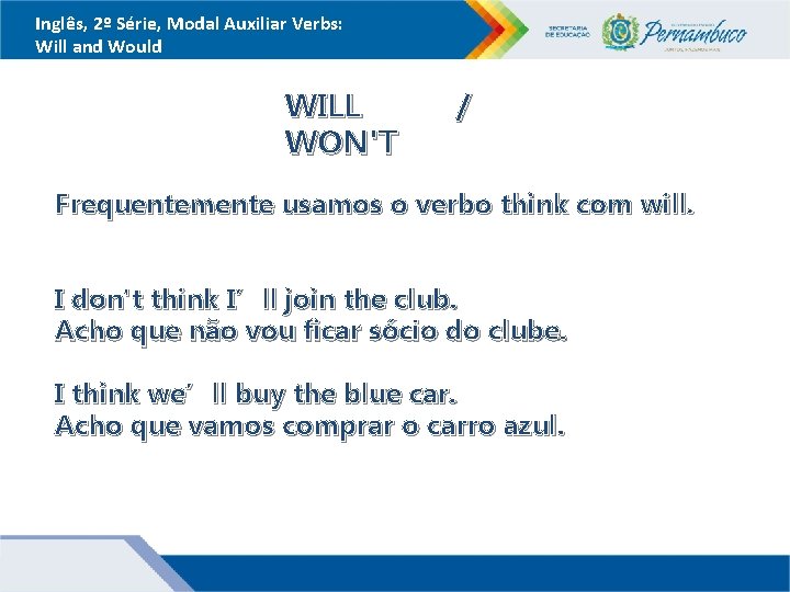 Inglês, 2º Série, Modal Auxiliar Verbs: Will and Would WILL WON'T / Frequentemente usamos