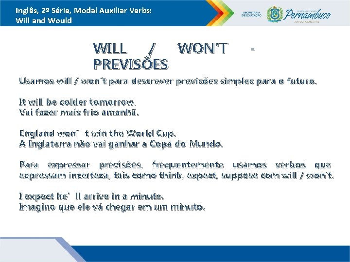 Inglês, 2º Série, Modal Auxiliar Verbs: Will and Would WILL / WON'T PREVISÕES -