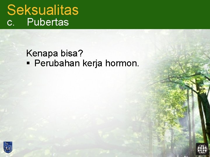 Seksualitas c. Pubertas Kenapa bisa? § Perubahan kerja hormon. 