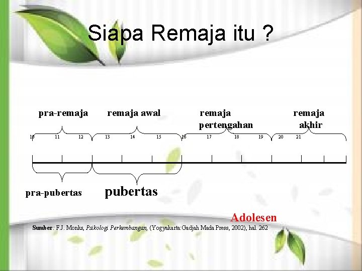 Siapa Remaja itu ? pra-remaja 10 11 12 pra-pubertas remaja awal 13 14 15