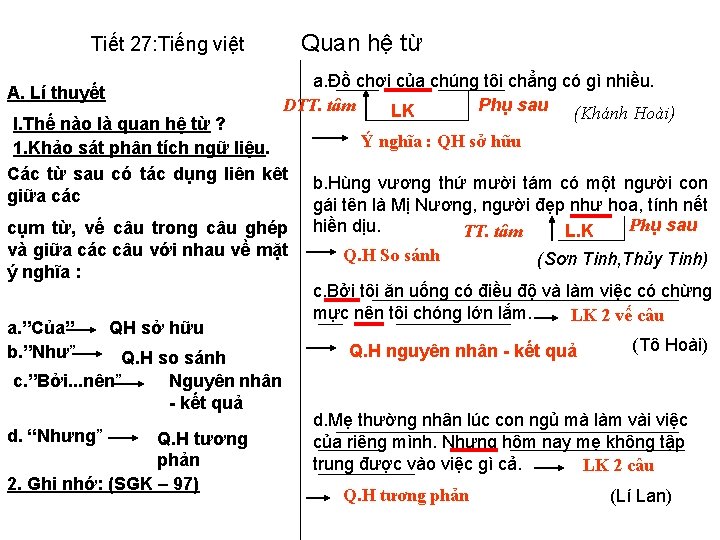Quan hệ từ Tiết 27: Tiếng việt a. Đồ chơi của chúng tôi chẳng