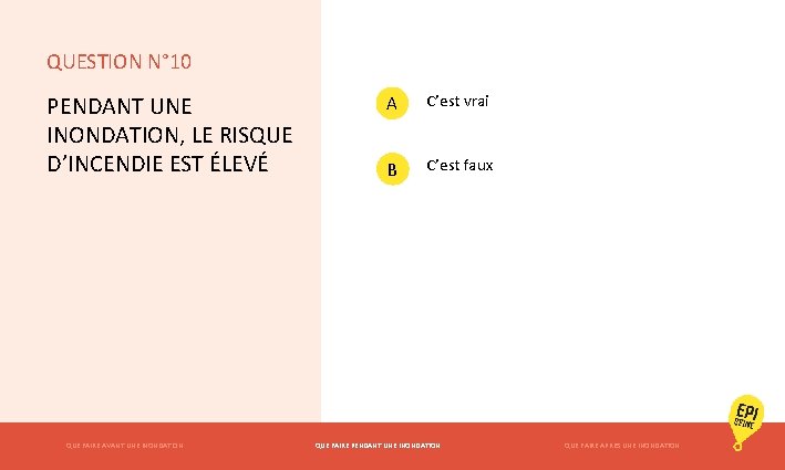 QUESTION N° 10 PENDANT UNE INONDATION, LE RISQUE D’INCENDIE EST ÉLEVÉ QUE FAIRE AVANT