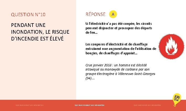 QUESTION N° 10 RÉPONSE PENDANT UNE INONDATION, LE RISQUE D’INCENDIE EST ÉLEVÉ Si l’électricité