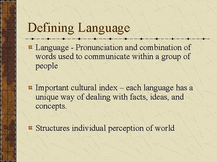 Defining Language - Pronunciation and combination of words used to communicate within a group